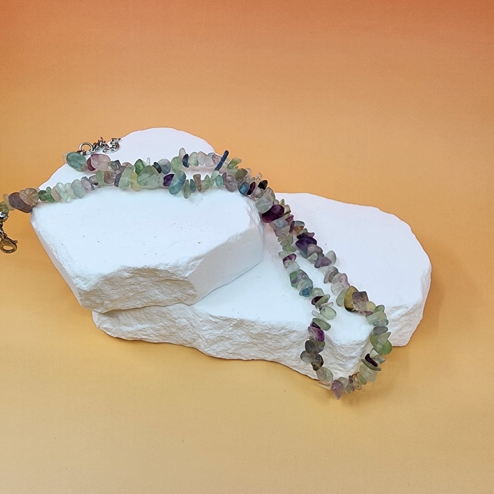 Fluorite Gemstone Chip Necklace Purple Green Natural Stone Boho Layering Gift